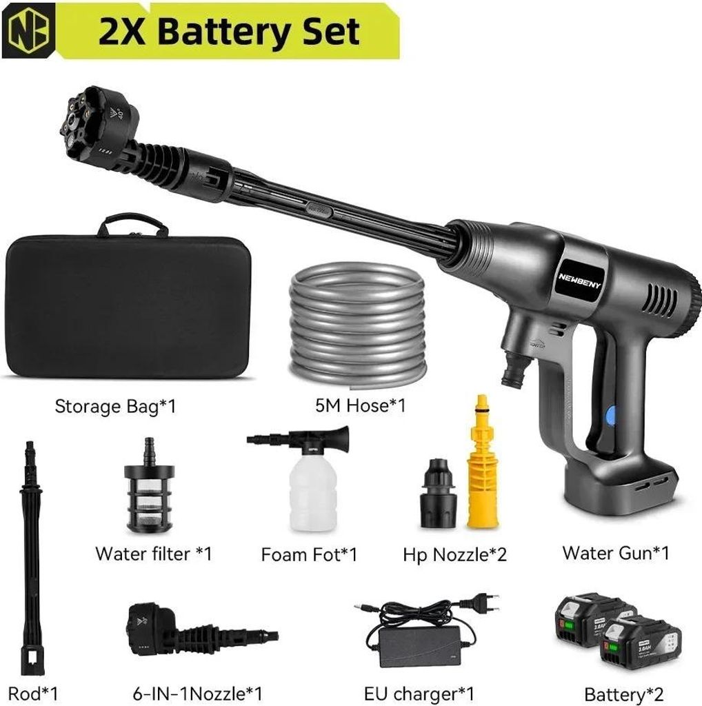 Elektrischer Hochdruckreiniger - Akkubetrieben 18 V - 200 bar - 3500 W - Bürstenloser Motor - 6-in-1 Düse - 2x Akku + EU-Stecker - Braun