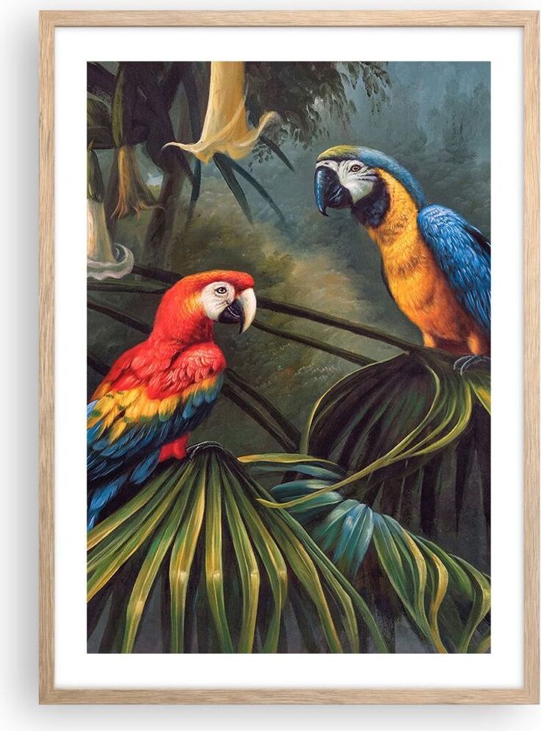 Gerahmtes Poster - Rahmen in heller Eiche - Ara Papageien Palmen - 50x70 cm - Wand Bild - Wanddeko - Wandbilder - Kunstposter - Wandposter - Bilder...