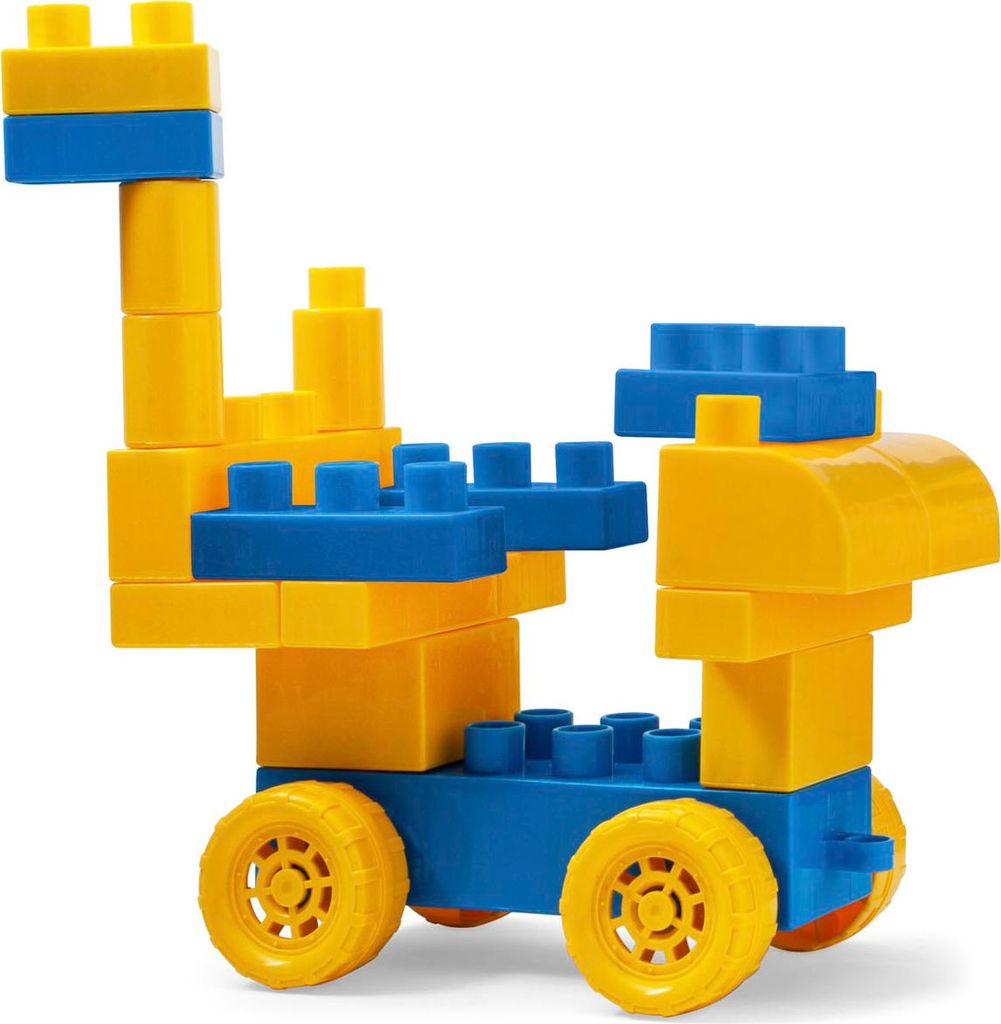 A toy construction vehicle made of building blocks.
