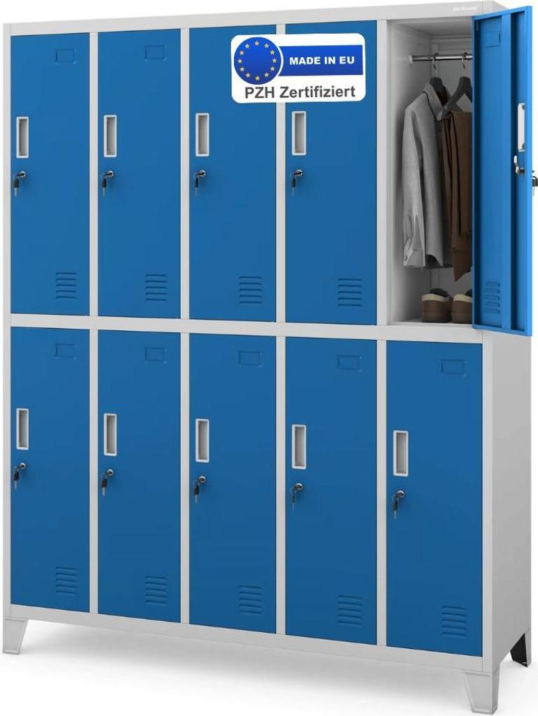 Umkleideschrank Spind BERLIN - 10 Abteile, Etikettenhalter Lüftungsschlitze | Umkleidespind Schließfachschrank Garderobenspind, 172x136x45cm Grau...