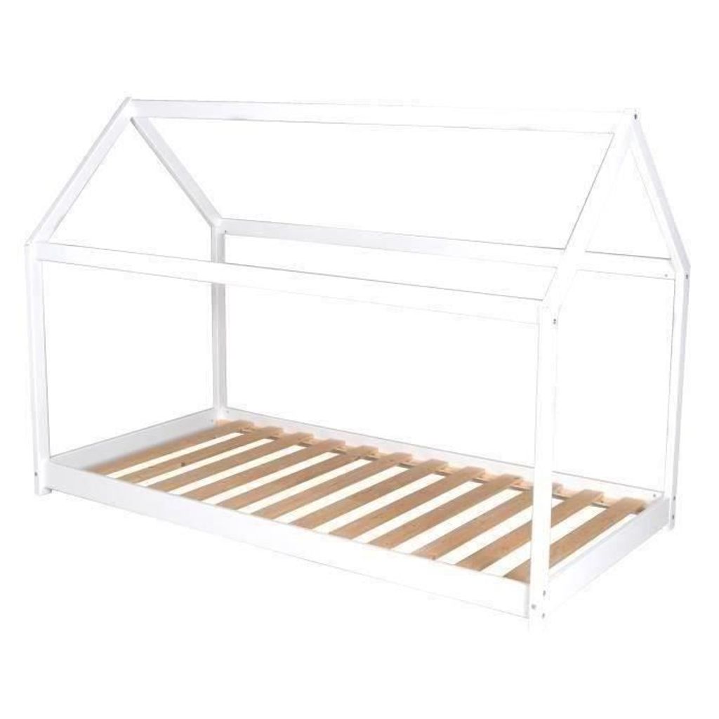 Montessori-Hüttenkinderbett – Massives weißes Kiefernholz – Boxspring inklusive – 90 x 190 cm