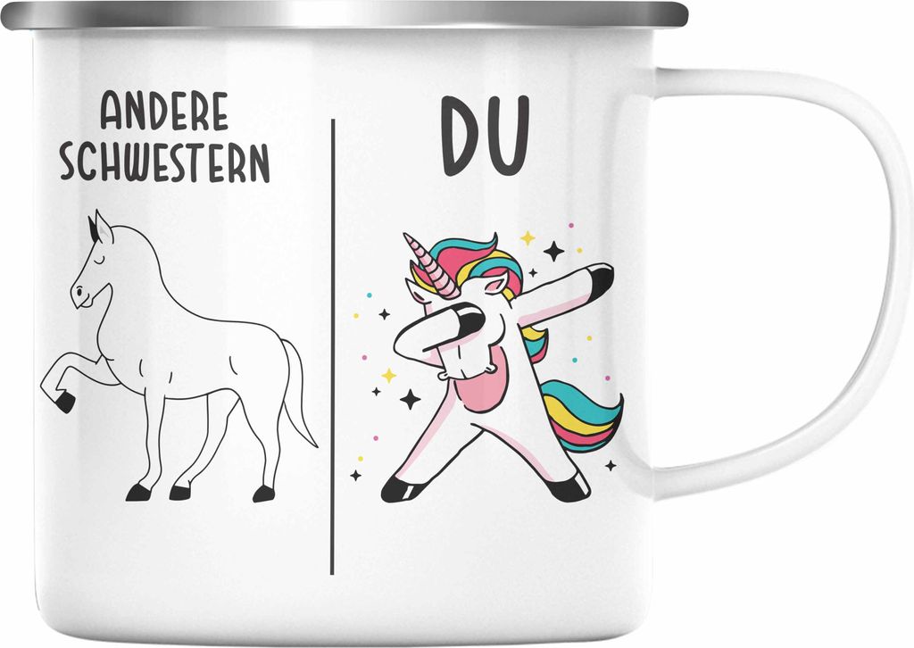 Trendation - Schwester Geschenk Geburtstag Emaille Tasse Geschenkideen Emaille Tassen mit Spruch für Schwester (Silber)