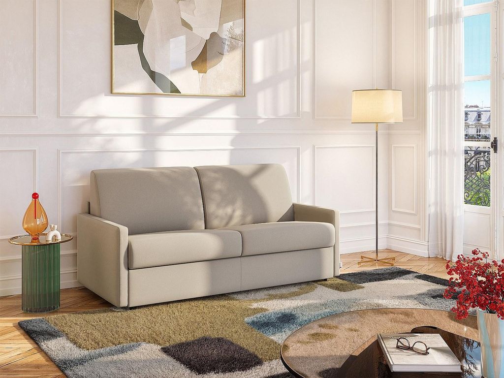 3-Sitzer-Schlafsofa vom Typ Express aus beigem Stoff mit Sitzfläche aus Memory-Schaumstoff – Breiter Bettrahmen 140 cm – Matratze 14 cm CALIFE