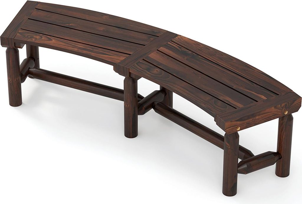 A curved wooden bench on a white background.