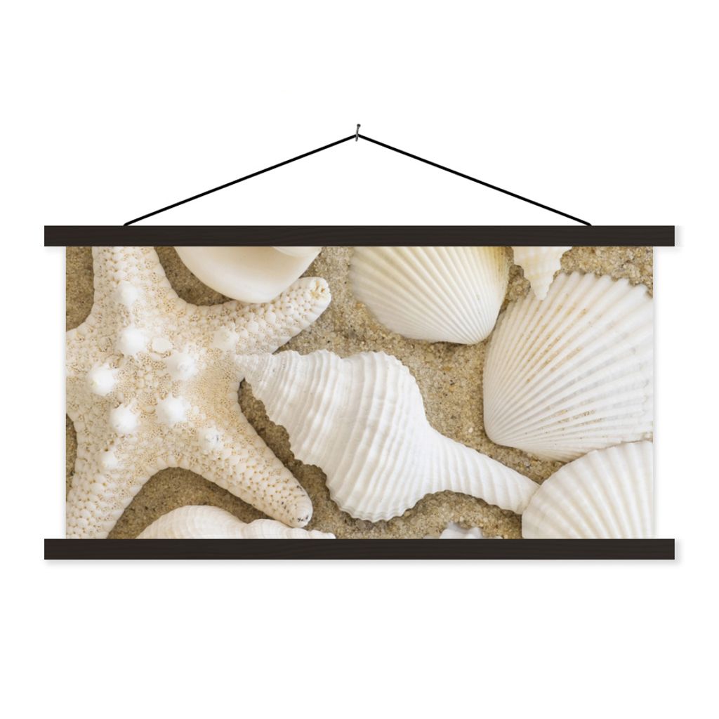 MuchoWow Textilposter Muschel - Strand - Weiß 120x60 cm mit schwarzem Rahmen - Dekoration Schlafzimmer