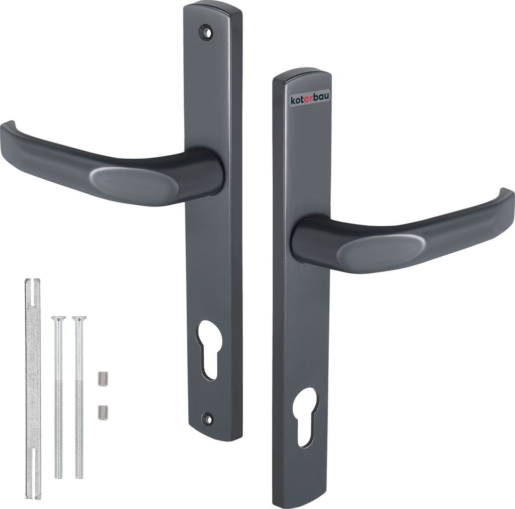 A pair of dark gray door handles with a keyhole plate and mounting hardware, presented against a white background.