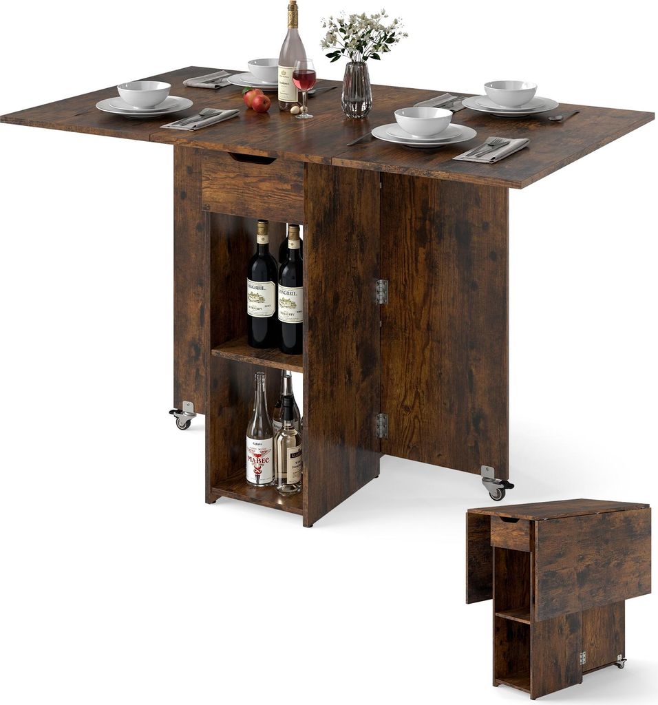 COSTWAY Esstisch klappbar, Küchentisch mit Rollen, Schublade und und 2 Ablagefläche, Klapptisch für 2-4 Personen, Esszimmertisch 120x72x75 cm Braun