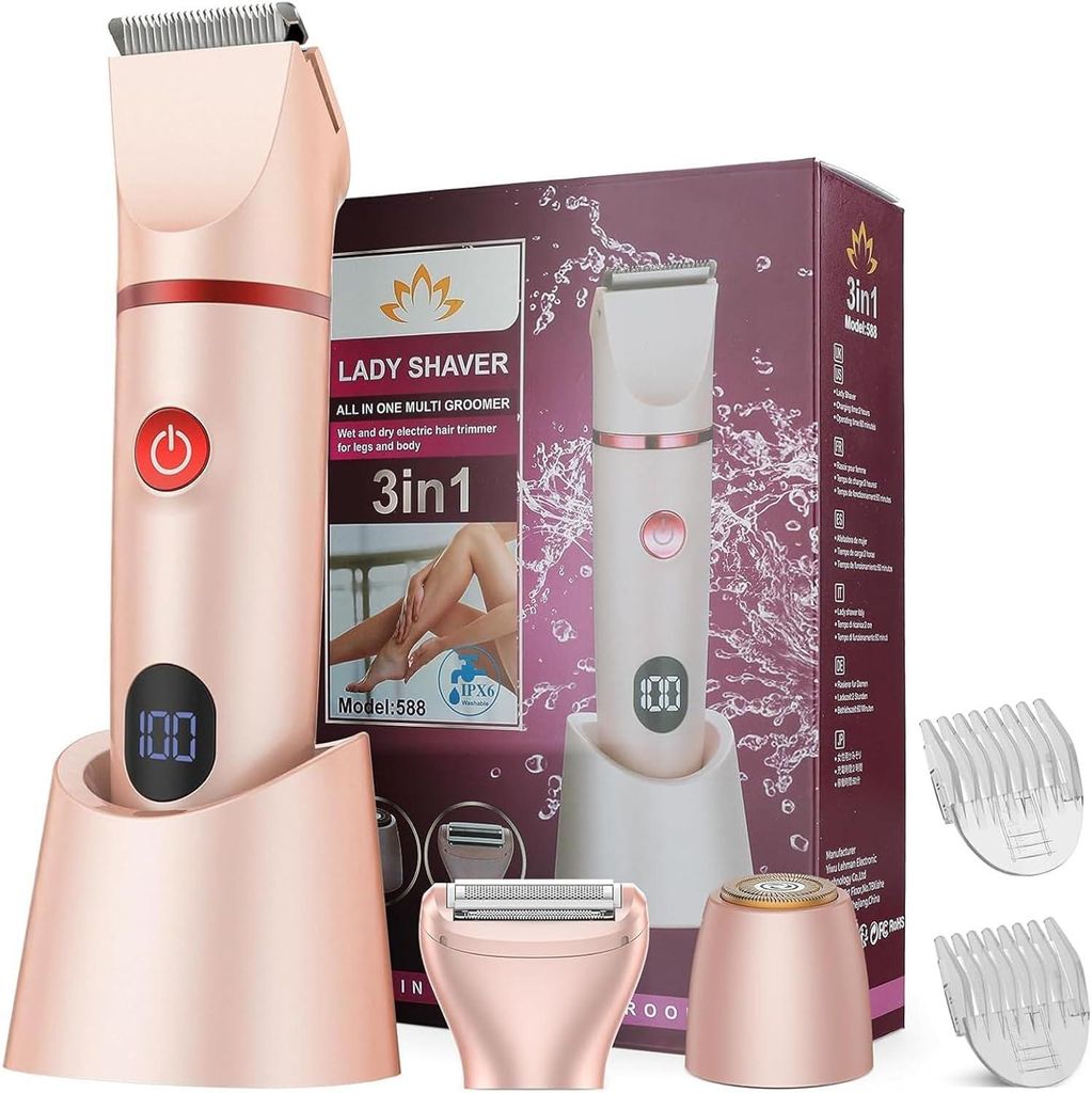 3 in 1 Damenrasierer Elektrischer, Haartrimmer für Frauen,Körpertrimmer Intimrasierer Bikini-Trimme, IPX7 Wasserdicht Nass/Trocken,Rasieren für ...