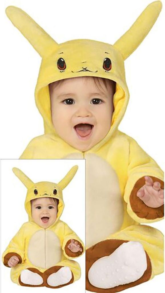 A baby wearing a yellow Pikachu costume, shown in two different views.