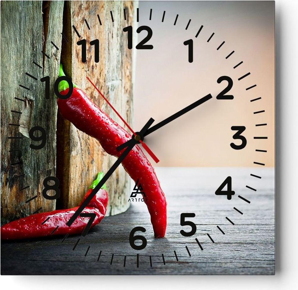 Wanduhr - Quadrat - Glasuhr - Chili Gewürz Gemüse - 40x40cm - Schleichendes Uhrwerk - Lautlos - zum Aufhängen bereit - Dekoration Modern - Wandd...