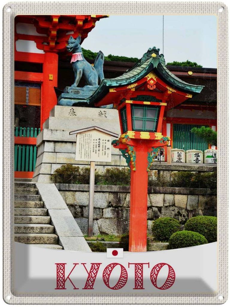 vianmo Blechschild 40x30 cm Kyoto Japan Urlaub Skulptur Fuchs Bildmotiv Reisemotiv Abenteuer Reisen Straße Stadt
