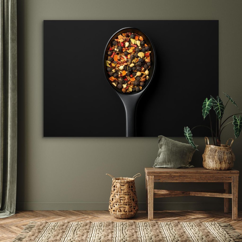 MuchoWow Wanddekoration Metall Metallbild Wandkunst 150x100 cm Kräuter - Schwarz - Löffel MuchoWow Aluminium Gemälde - Alu Dibond Bild