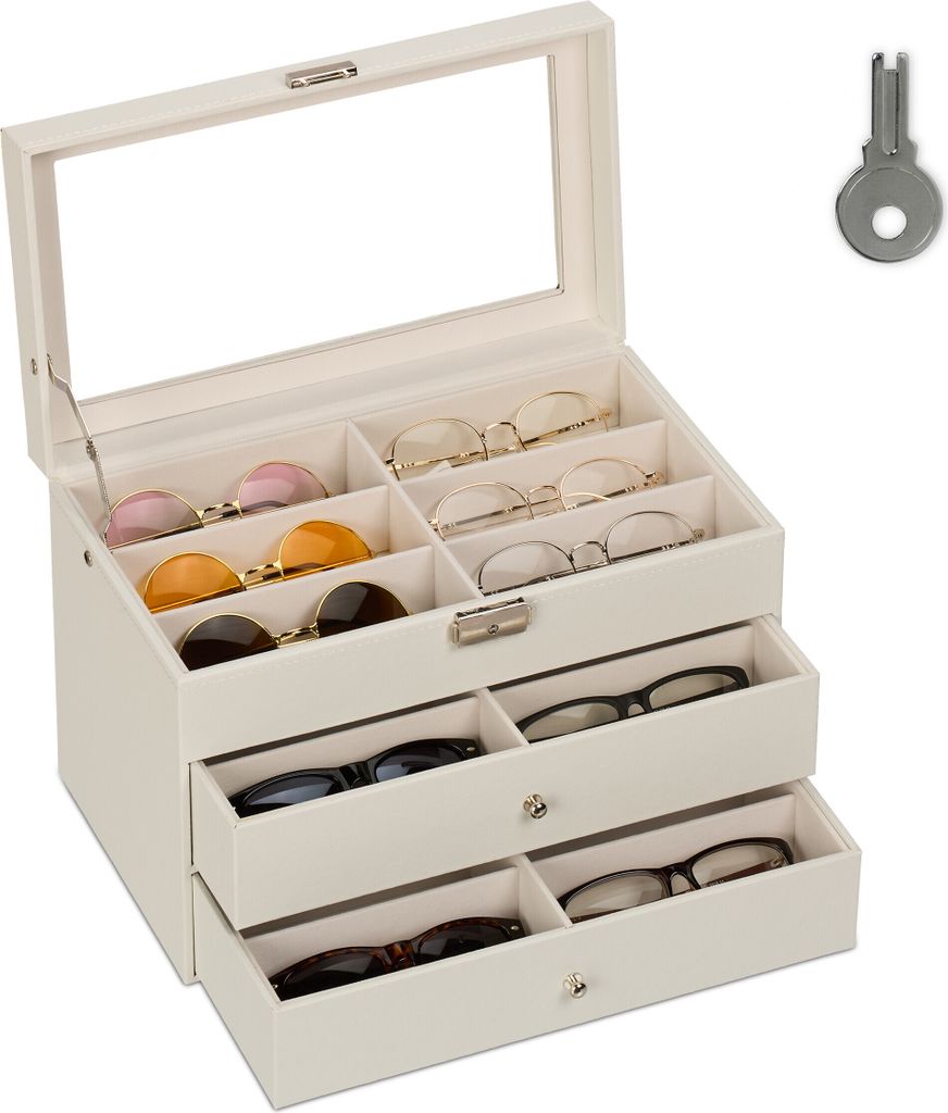 Relaxdays Brillenbox, 18 Brillen, Lederoptik, Samtbezug, Produktbild 