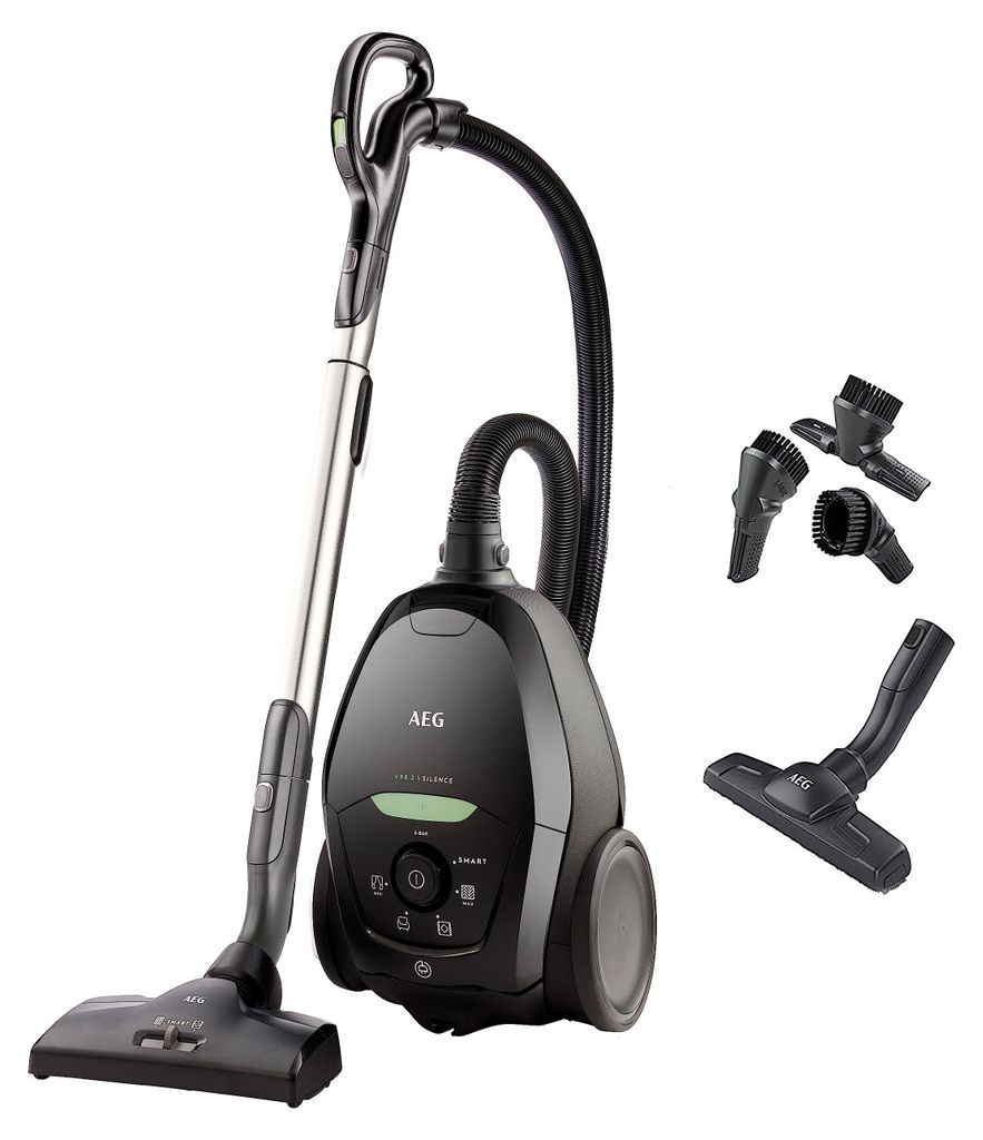 A black AEG vacuum cleaner with its accessories displayed on a white background.