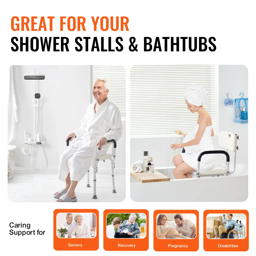 VEVOR sgabello da doccia sedia da doccia 390-520 mm regolabile in altezza, sgabello da bagno sedile da bagno 158,8 kg capacità di carico, stabile sgabello da doccia ausilio da bagno maniglione in lega di alluminio, sedile da doccia bianco - 5