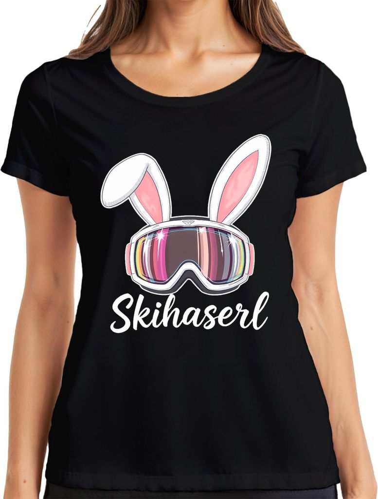 Skihaserl Skifahren Skibrille Bunny Lustig Fasching Karneval Damen T-Shirt, Schwarz, 3XL