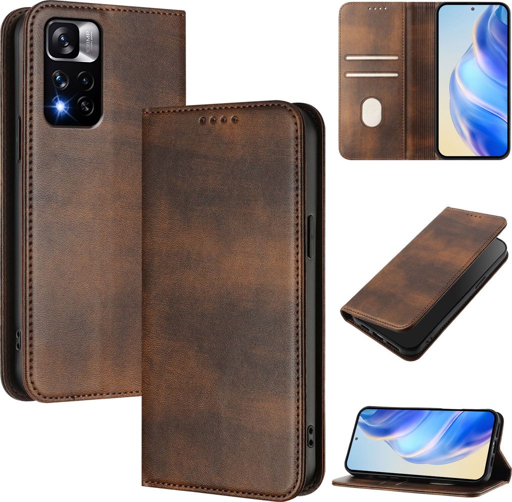 Handyhülle für Xiaomi Poco X4 NFC, Vintage Leder RFID Schutz Kartenfach Standfunktion Magnetische Klapphülle Braun