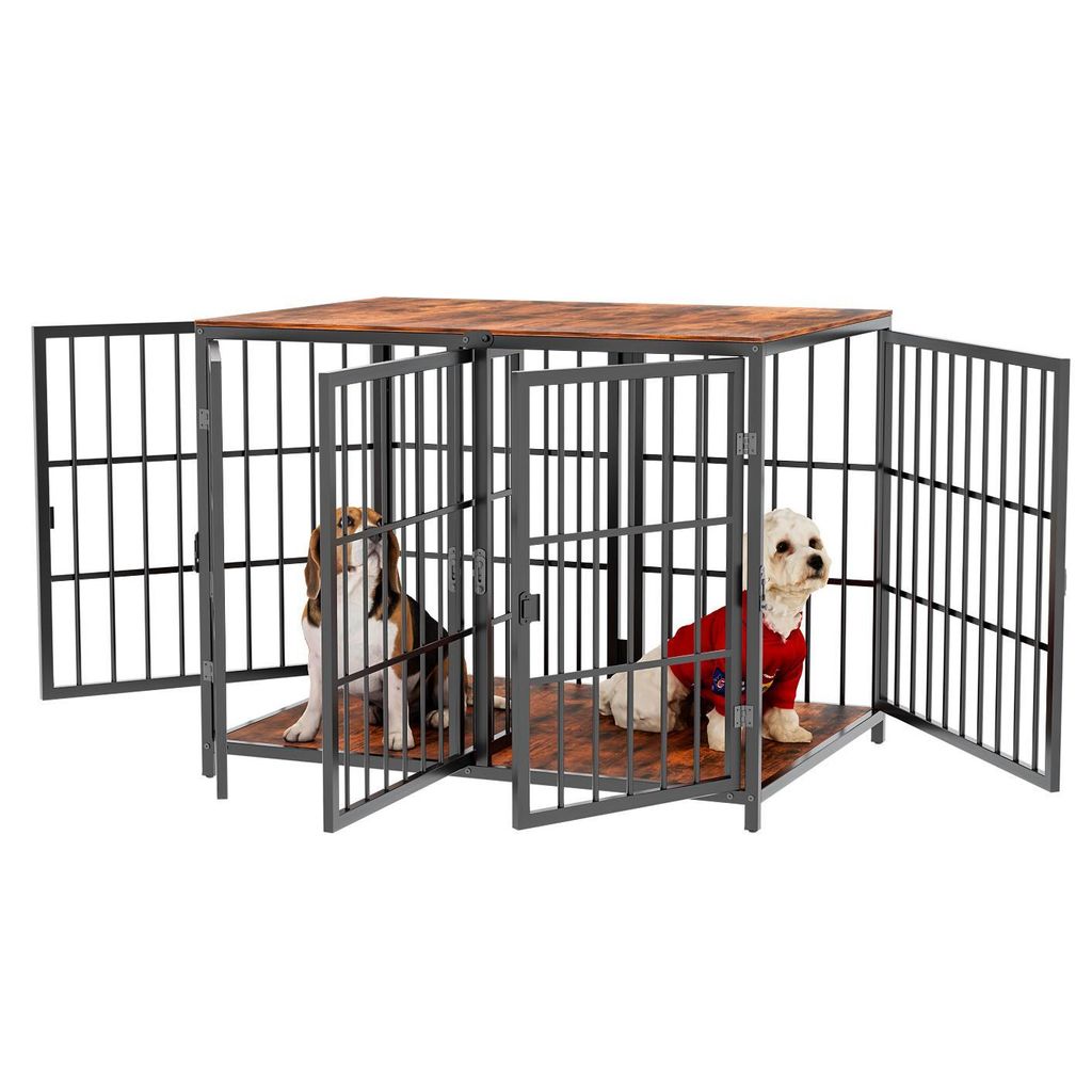 FATIVO Hundekäfig mit 4 Türen, Hundebox mit abnehmbarer Trennwand, Hundehütte mit Tischoberfläche, Hundekiste Beistelltisch 90x62x68,5 cm