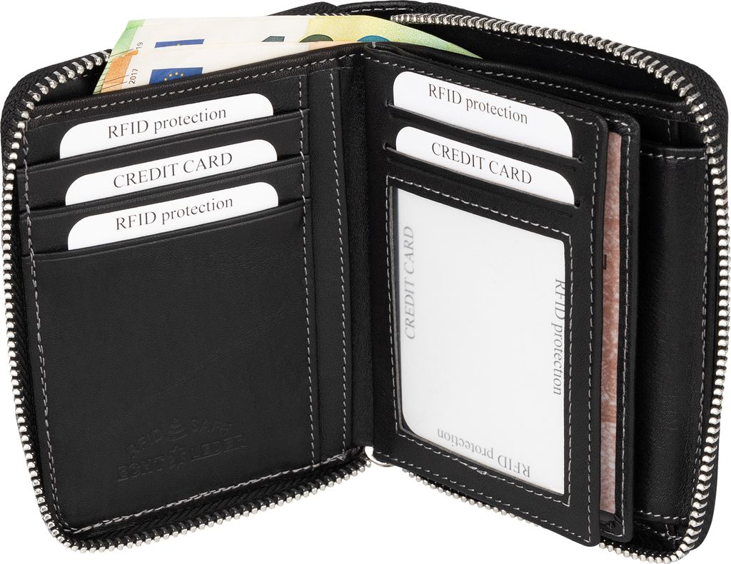 RFID Leder Portmonee Geldbörse Herren mit Reißverschluss Produktbild 3