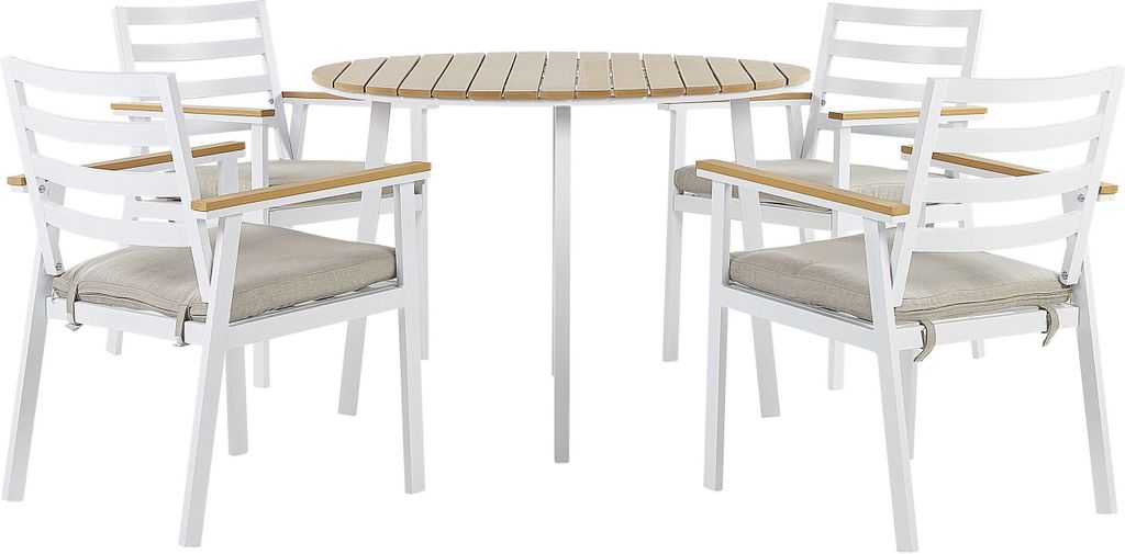 BELIANI Gartenmöbel Set Tisch mit 4 Stühlen Weiß mit beigen Sitzkissen Alumunium / Kunstholz Outdoor Indoor Garten Salon Wohnzimmer Terrasse
