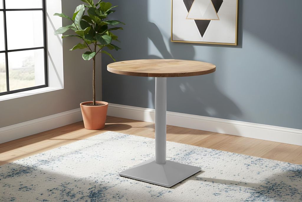 Bistrotisch Emilio | Ø 70 cm Rund | Mangoholz massiv + Rough | gerade Kante | silbernes Metall-Säulengestell eckige Base | geeignet für kleine E...