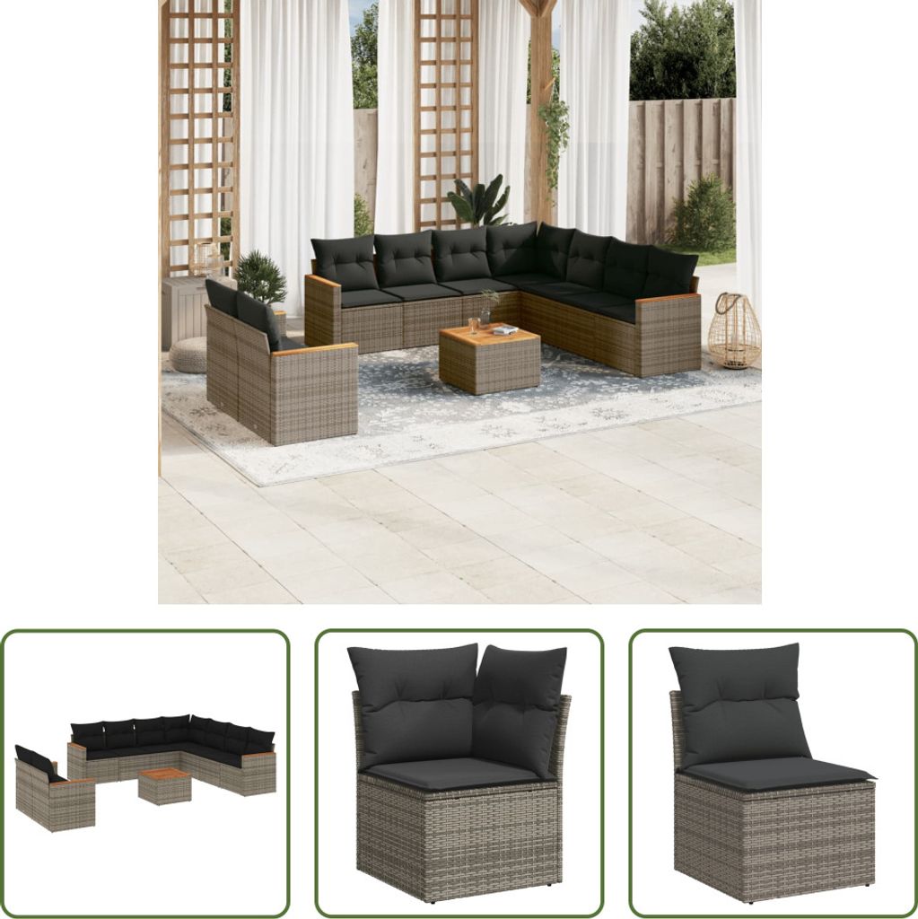 The Living Store 10-tlg. Garten-Sofagarnitur mit Kissen Grau Poly Rattan
