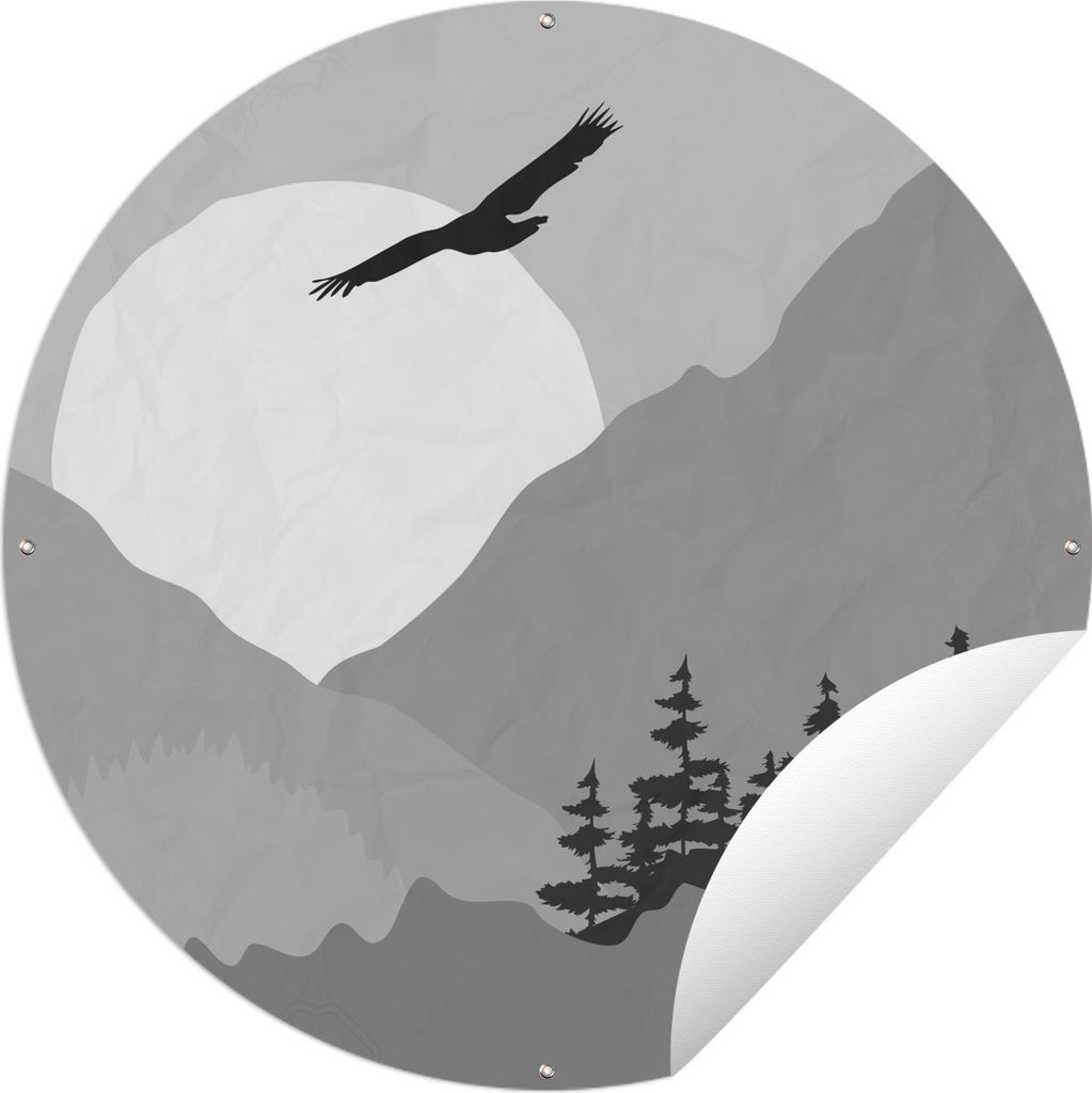 MuchoWow Gartenposter Outdoor-Poster Rund Amerika - Falke - Schwarz - Weiß Ø 90 cm Gartendeko Rundes Poster draußen