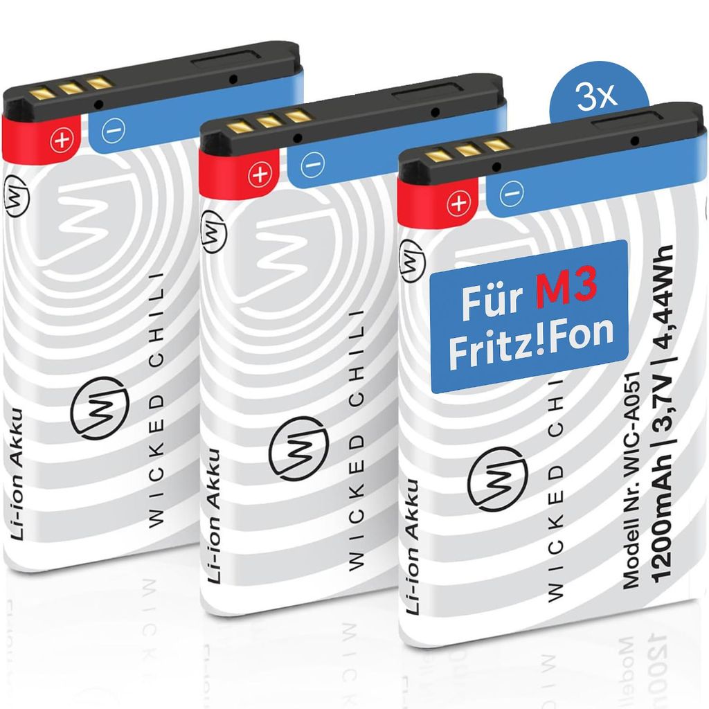 Wicked Chili 3x Akku für AVM FRITZ!Fon M3, Ersatzakku mit +20% Kapazität, Ersatzakku für Fritzfon VOIP Telefon, Zubehör für Fritz Fon Batterie