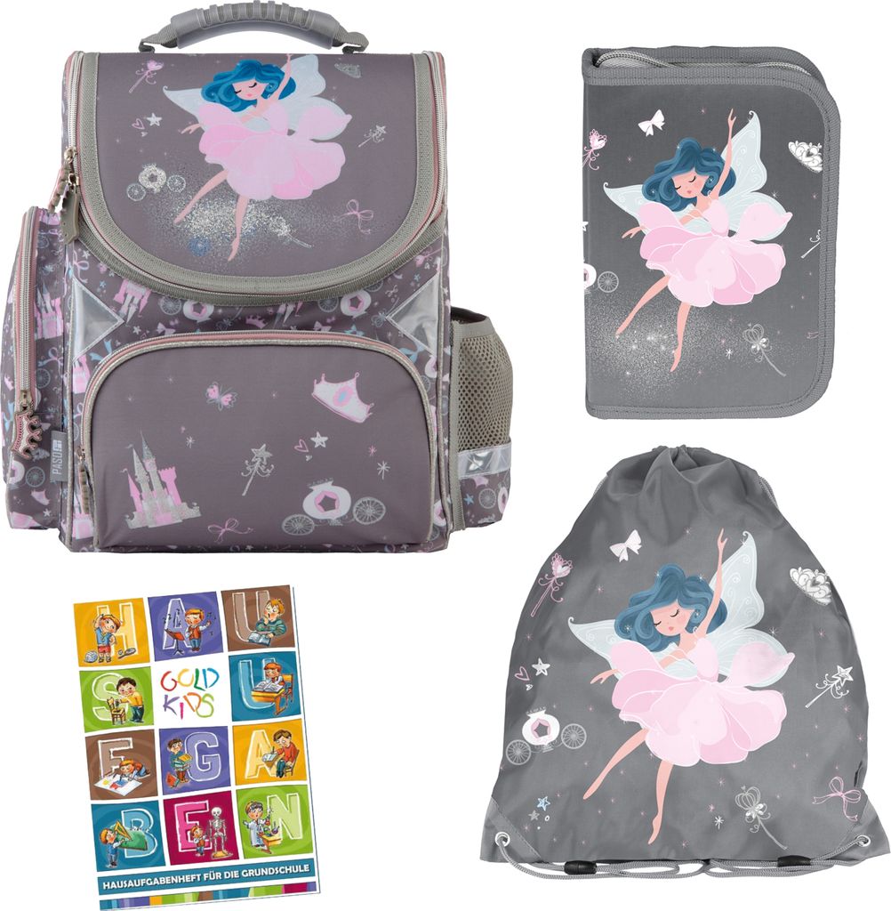 Schulranzen für Jungen und Mädchen, 4er-Set - Schul-Rucksack für Kinder mit Federmäppchen Schuhbeutel und Hausaufgabenheft - Ballerina Motiv