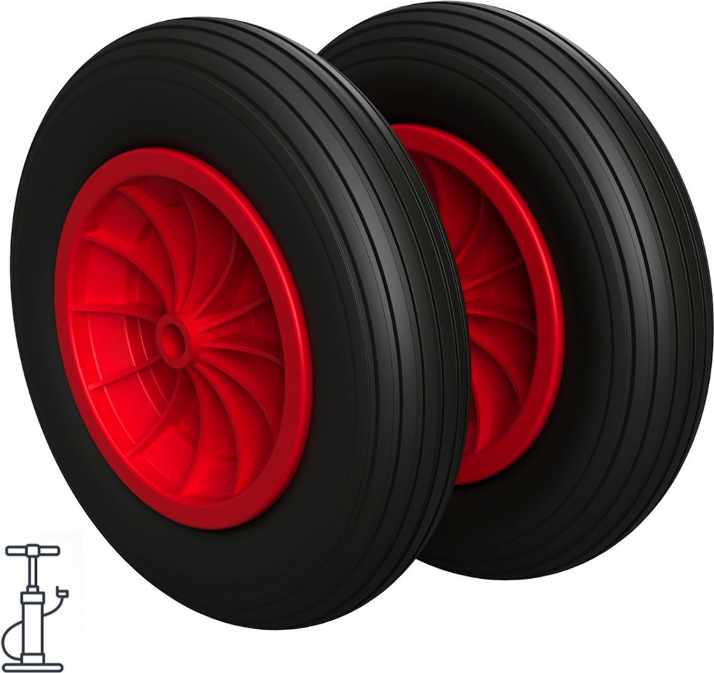 2 x Luftrad Ø 370 mm 3.50-8 Gleitlager Schubkarrenrad Reifen, schwarz/rot