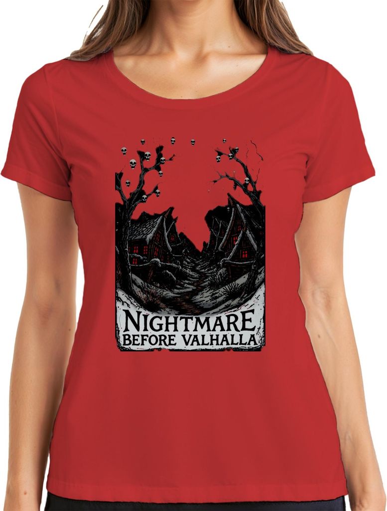 Nightmare Before Valhalla Wikinger Totenköpfe nordisch Halloween Damen T-Shirt, Rot, 3XL