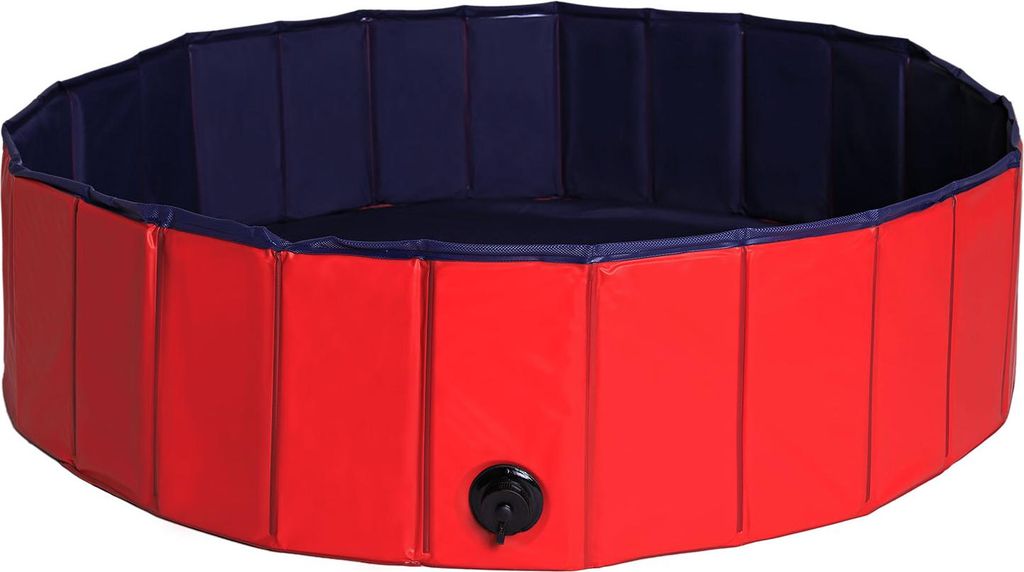 A red and blue foldable dog pool is shown from a slightly elevated angle against a white background.