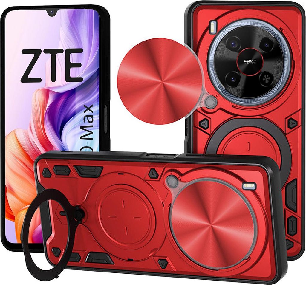 A collage of a red phone case for a ZTE phone, showing different angles and features.
