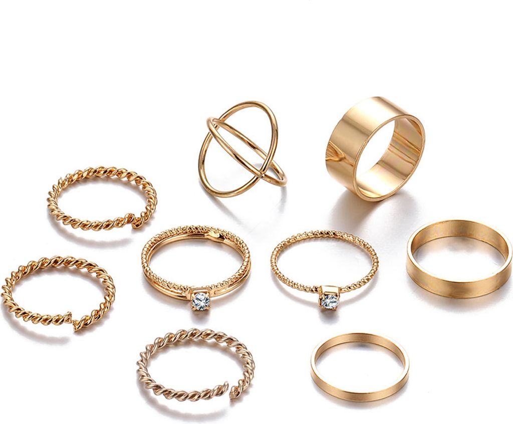 9-teiliges Vintage-Ring-Set mit verstellbarer Öffnung, Twist-Galvanik-Ring-Set für Damen, geometrischer Ring, trendiger Schmuck, Geschenke-Golden