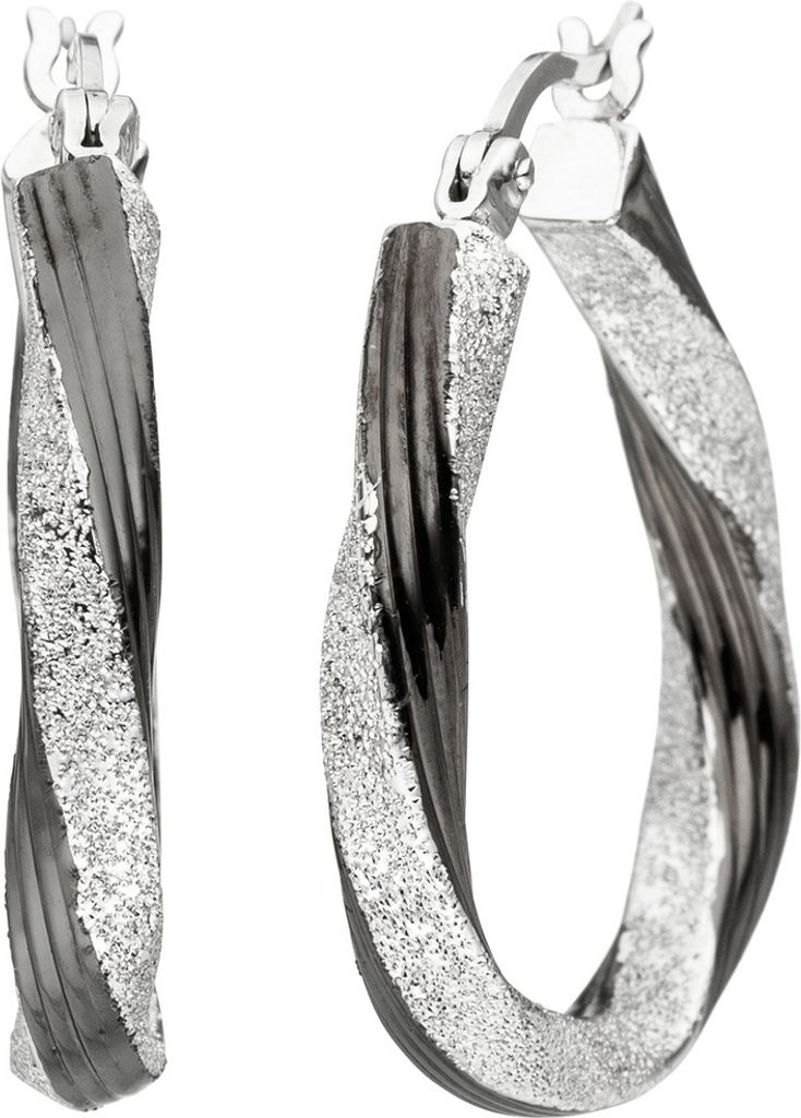 Creolen 27,7mm Ohrringe gedreht oval teil-schwarz 925 Silber rhodiniert bicolor