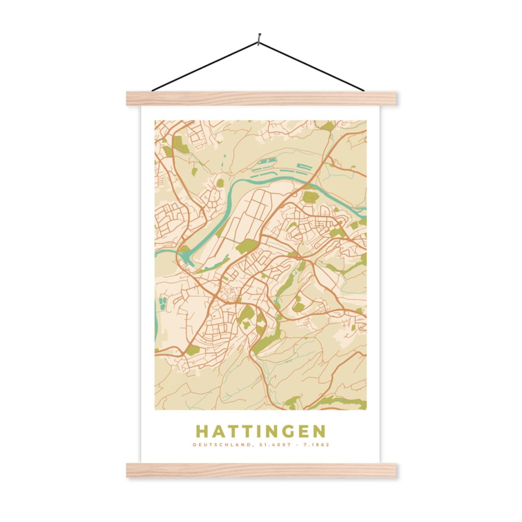 MuchoWow Textilposter Hattingen - Jahrgang - Karte - Stadtplan 40x60 cm mit holzfarbenen Rahmen - Poster