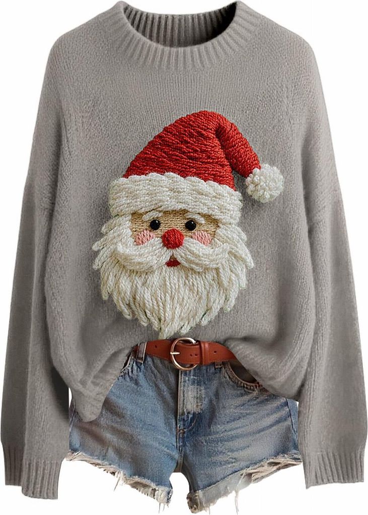 ASKSA Damen Weihnachtspullover,Strickpullover Rundhals Pulli Sweater Herbst Winter Warm Strickpulli Weihnachtspulli (D-Grau,XXL)