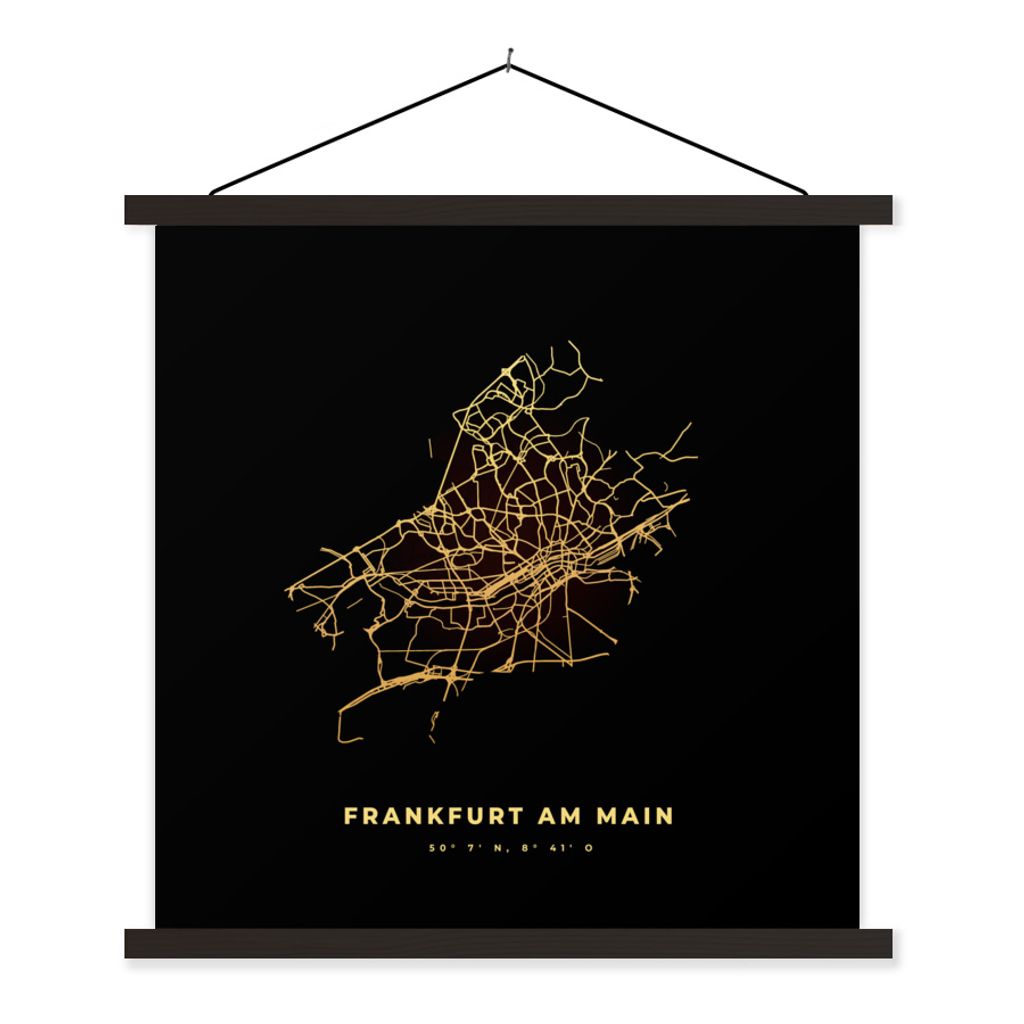 MuchoWow Textilposter Frankfurt - Deutschland - Karte - Stadtplan - Wegbeschreibung 60x60 cm mit schwarzem Rahmen - Posteraufhänger