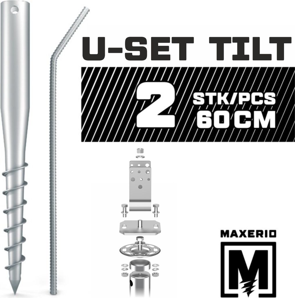 MAXERIO 60 cm 2er U-Set TILT Schraubfundamente inkl. 7 cm Pfostenträger (U-Winkel - feuerverzinkt); Ø 60 x 2; M12