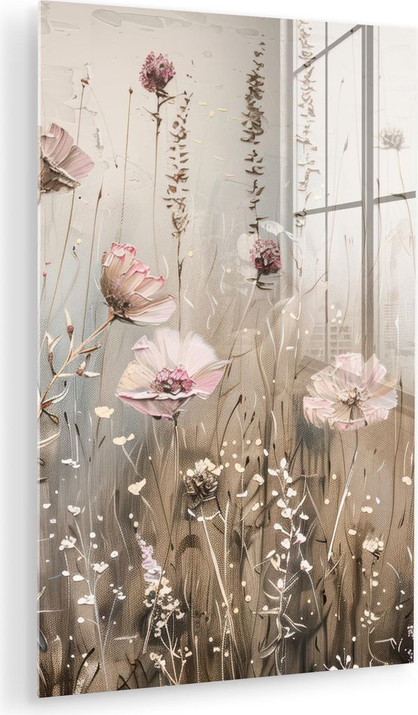 MuchoWow Glasbilder - Bilder auf Wandbild - Foto auf Glas Blumen - Rosa - Modern - Beige 80x120 cm Wanddekoration aus Glas - Acrylglasbild - Acrylb...