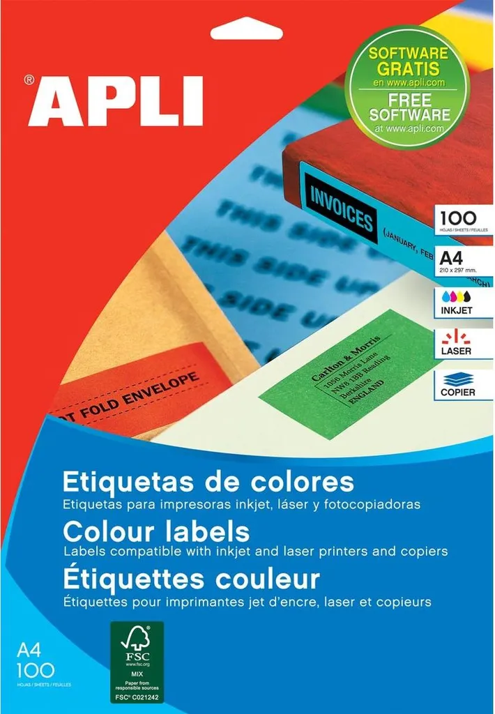 APLI 11840 Etichette Rosse A4 210x297mm - 100 Fogli Adesivi Permanenti