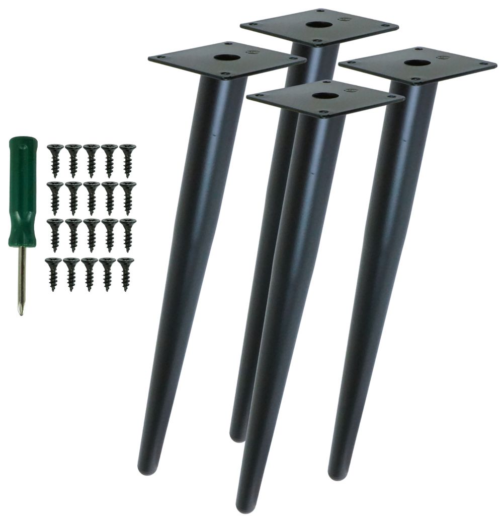 Four black metal table legs with mounting plates, along with a screwdriver and a set of screws, are arranged on a white background.