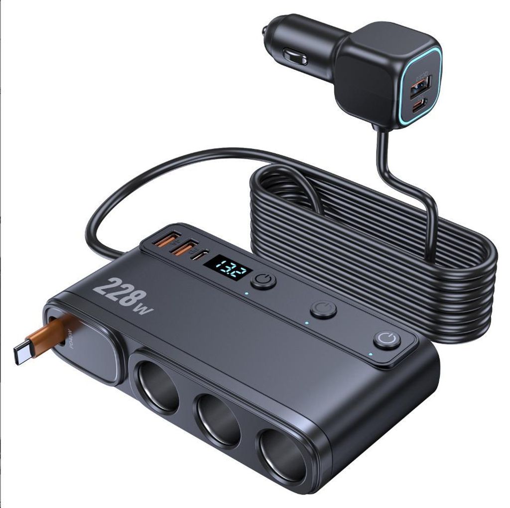 228 W Autoladegerät-Adapter 3-fach-Zigarettenanzünder 3-Port-QC3.0-USB-Ladegerät mit ausziehbarem PD-Typ-C-Schnellladekabel