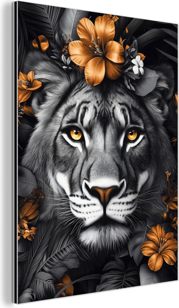 MuchoWow Wanddekoration Metall Metallbild Wandkunst 60x80 cm Tiger - Schwarz und Weiß - Gold - Blumen - Botanisch MuchoWow Aluminium Gemälde - Wa...
