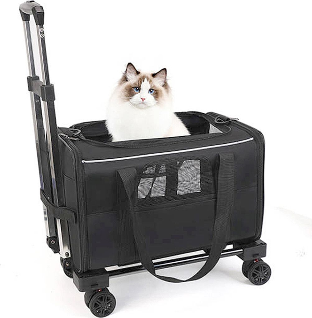 Haustier-Trolley-Tasche, abnehmbarer Rolltraeger fuer kleine Hunde und Katzen, tragbarer Haustier-Reisetraeger mit Teleskopgriff und Schultergurt