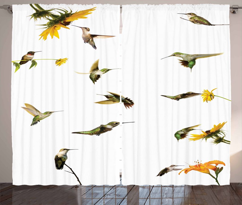 ABAKUHAUS Kolibri Rustikaler Vorhang, Hummingbird Sunflowers, Wohnzimmer Universalband Gardinen mit Schlaufen und Haken, 280 x 175 cm, Beige Grün ...