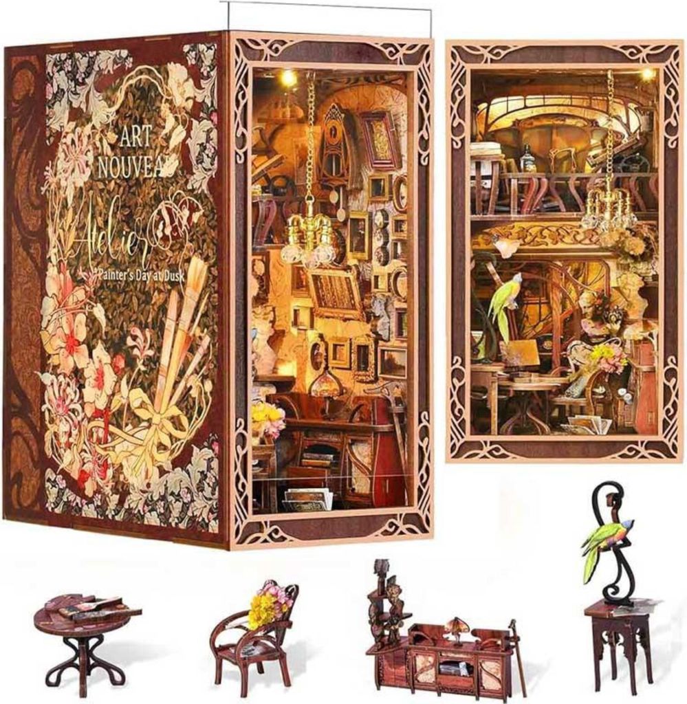 Habarri | DIY Book Nook - Art Nouveau - Puzzle 3D - Miniatur Haus Kit mit Möbeln und LED-Licht - Buch Ecke Kit