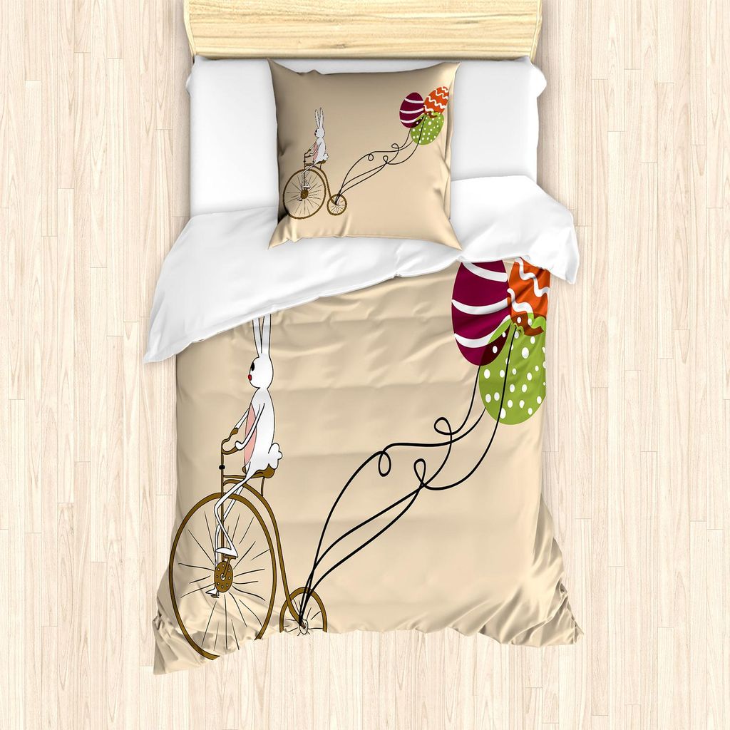 ABAKUHAUS Ostern Bettbezug Set, Häschen auf dem Retro-Fahrrad mit Osterei-geformten bunten Luftballons Cartoon-Druck, 135 x 200 cm + 80 x 80 cm, B...