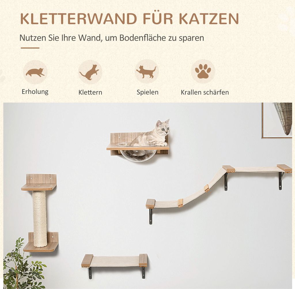 PawHut 4tlg. Kletterwand für Katzen Katzenkletterwand mit Produktbild 4