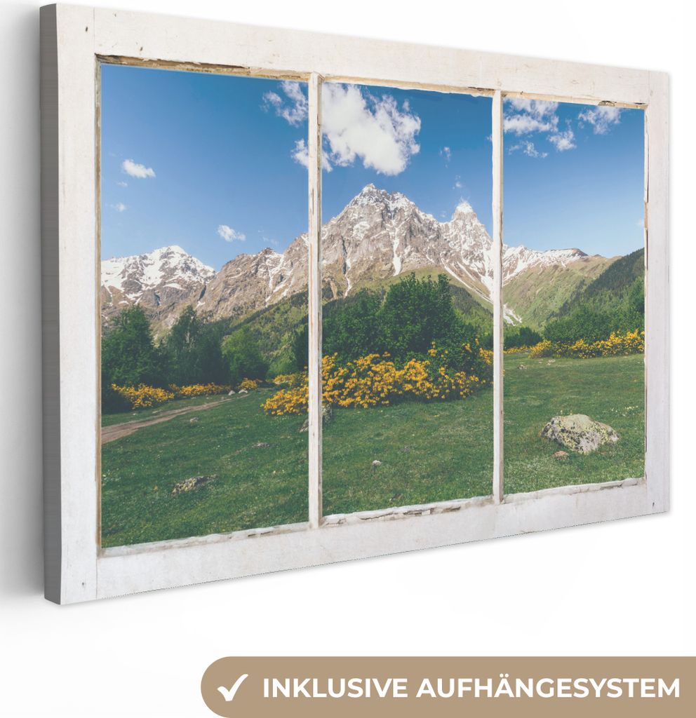 OneMillionCanvasses - Leinwandbilder - 140x90 cm, Ausblick - Felsen - Blumen, Wandbilder Kunstdruck Wanddekoration